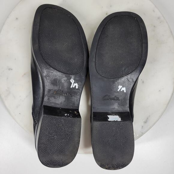 VTG Clarks Leather Mules Womens 9 Black Round Toe Slip On Comfort - Picture 13 of 15
